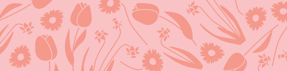 pink banner with spring flowers: tulips, daisies and daffodils - vector illustration