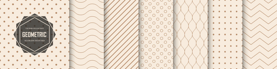 Wall Mural - Collection of seamless geometric beige patterns. Vector minimalistic repeatable dotted and striped backgrounds. Textile endless prints.