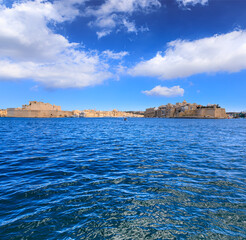 Wall Mural - Grand Harbour seascape in Valletta, capital of Malta: view of Birgu, an old fortified city, with Fort Saint Angelo at its head and the city of Cospicua at its base. 