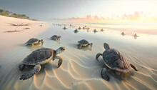 A Panoramic View Of A Beach Filled With Sea Turtles, Cheloniidae Coming Ashore To Lay Eggs - Generative AI