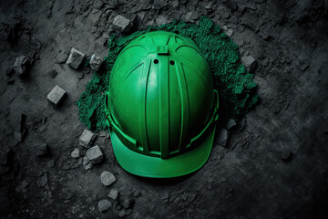 Wall Mural - A green construction working safety hardhat or helmet from top view is placed on construction site ground, industrial PPE equipment object. Generative Ai image.	
