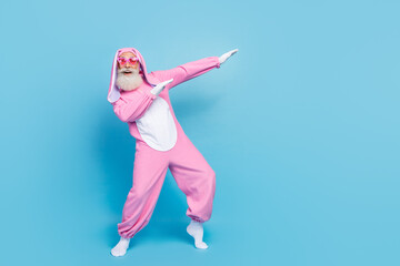 Sticker - Full length photo of fooling positive man pensioner dressed pink rabbit nightwear heart eyewear empty space isolated blue color background