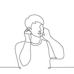 Poster - man is dissatisfied and closes his ears - one line drawing vector. concept covering ears from obnoxious loud sound