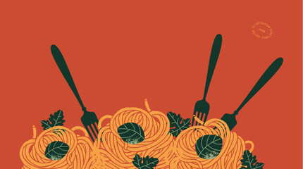 Wall Mural - Forks tasting spaghetti with basil. Food textured horizontal composition. 