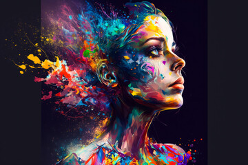 Wall Mural - woman's face with colorful paint splattered all over it. generative ai.