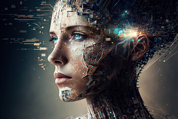 Poster - woman's face with a futuristic design on it. Generative AI.