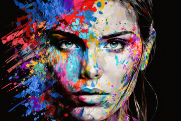 Wall Mural - painting of a woman's face with colorful paint splatters all over. Generative AI.