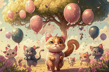 Sticker - painting of cat and kittens in field with balloons. Generative AI.