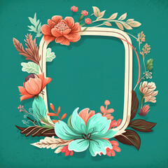 Sticker - square frame with flowers and leaves on green background. Generative AI.