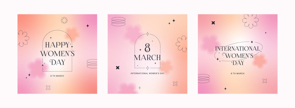 8 march. international women's day banner, set greeting card. trendy gradients, blurred shapes, typo