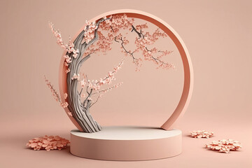 spring cherry blossom product display podium for natural product. empty scene with sakura branch. ge
