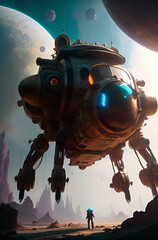 spaceship on alien planet, generative ai illustration, sketch style, these depiction is fictitious a