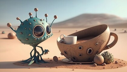 Sticker -  a cartoon character with a cup and saucer in the desert.  generative ai