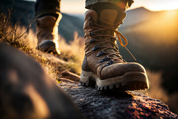 male hiker walking on scenic mountain trail with close-up of leather hiking boots created with gener