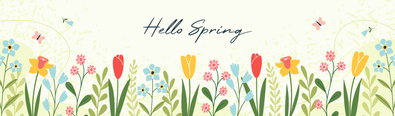 Sticker - Hello Spring! Vector horizontal spring banner. Floral green background. Tulips, colorful spring flowers and branches with leaves. Handwritten lettering.