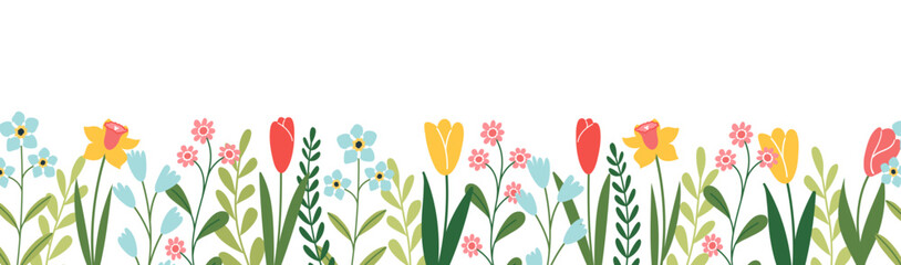 Wall Mural - Horizontal banner or floral background decorated colorful flowers and leaves. Spring summer botanical seamless border.