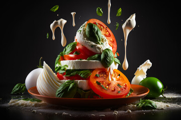 Sticker - Tomato, mozzarella and basil on black background. Generative AI.