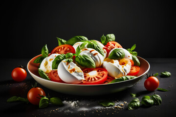 Sticker - Bowl of mozzarella, tomatoes and basil on black background. Generative AI.