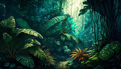 Wall Mural - Rainforest graphic illustration. A horizontal shot of an overgrown tropical jungle. Large trees with vines and large plant leaves. A small river flows downstream. Tropical climate. Generative AI.