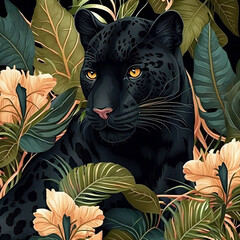 Wall Mural - Square frame of a tropical pattern with a black panther. Leafy background from the rainforest. Wild cat, animal hides in the plants of the forest. Animal and leaves composition. Generative Ai