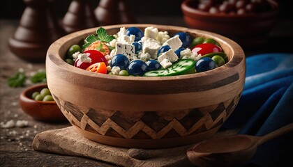 Poster -  a wooden bowl filled with lots of different types of candy.  generative ai