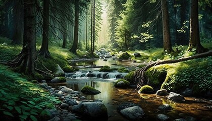  a painting of a forest with a stream running through it.  generative ai