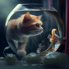 A cat saw fish in a bowl, A cate staring fish in a bowl, A cute kitten watching fish, A kitten is in perfect pose to take photo, A cat watching fishbowl.	