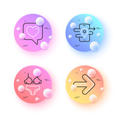 Poster - Heart, Next and Gps minimal line icons. 3d spheres or balls buttons. Lingerie icons. For web, application, printing. Like rating, Forward, Phone map. Bra with panties. Heart line icon banner. Vector