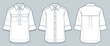 Set of Shirts technical fashion Illustration. Unisex Shirt fashion flat technical drawing template, button closure, pocket, half sleeve, front and back view, white, women, men, unisex CAD mockup set.