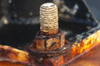 Close up on bolts fastened on corroded and rusted steel plate