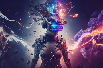 Wall Mural - Young woman virtual reality headset. VR glasses, futuristic, technology, online education, education, video game concept. AI Generative.