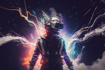 Young man using virtual reality headset. VR glasses, futuristic, technology, online education, education, video game concept. Generative AI.