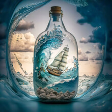 A Stormy Sea Enclosed In A Glass Bottle With A Sailing Ship, As Created By Artificial Intelligence.AI.
