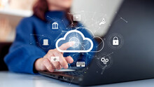 Woman Uploading And Transferring Data From Computer To Cloud Computing. Digital Technology Concept, Data Sheet Management With Large Database Capacity And High Security.