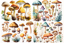 Watercolor Illustration Of Mushrooms Collection On White Background - AI Generative