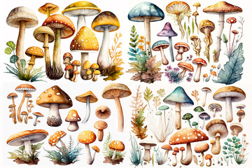 Watercolor illustration of mushrooms collection on white background - AI generative