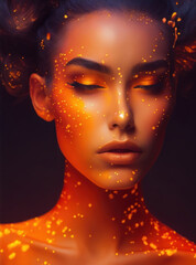 Maquillaje inspirado en Pokemon tipo fuego, fotografía profesional de estudio, maquillaje de fantasía, creado con IA generativa