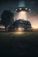Wall Mural - man being abducted by mysterious ufo human floating in air during dark night in open field