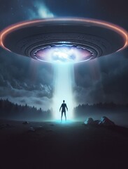Wall Mural - man being abducted by mysterious ufo human floating in air during dark night in open field