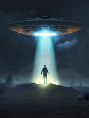 Wall Mural - man being abducted by mysterious ufo human floating in air during dark night in open field