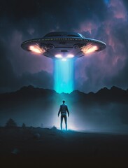 Wall Mural - man being abducted by mysterious ufo human floating in air during dark night in open field