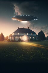 Wall Mural - man being abducted by mysterious ufo human floating in air during dark night in open field