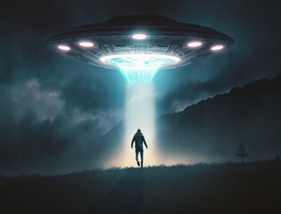 man being abducted by mysterious ufo human floating in air during dark night in open field