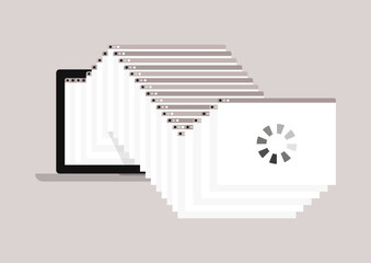 A laptop with many open pages organized as a cascade, program is not responding