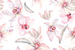 Seamless pattern of orchids drawn with watercolor.Designed with floral patterns painted with watercolors with elegant.Orchid background.Composition of tropical vegetation for natural style wallpapers.
