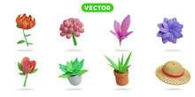 3d Rendering. Flowers In Spring And Summer Icons Set On A White Background Cremon Flower,  Waterlily,  Lily, Lotus Flower,  Tulip, Aloe Vera, Straw Hat.