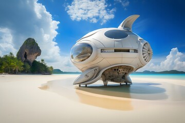 Wall Mural - spaceship on beach created using AI Generative Technology