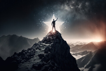 Reaching the stars concept. with man on mountain top reaching the stars in the sky. Generative AI illustration