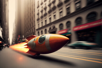 Wall Mural - Cartoon rocket flying through the streets of New York. Generative AI illustration