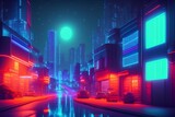 Fototapeta  - Street and small buildings with neon lights. Beautiful night city view - generative ai